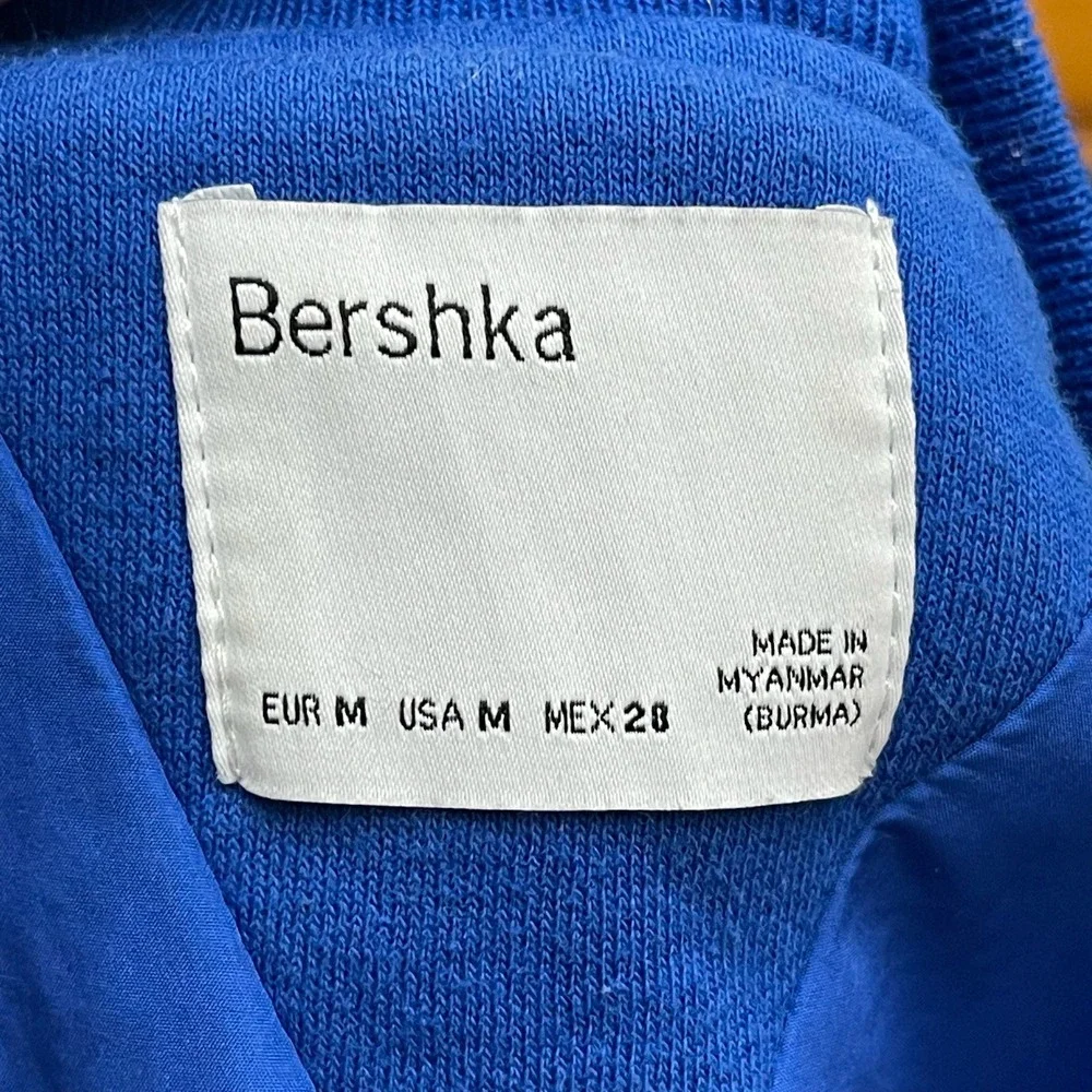Bershka Mens Blue Match Day Varsity Bomber Jacket Size M Snap Front Streetwear